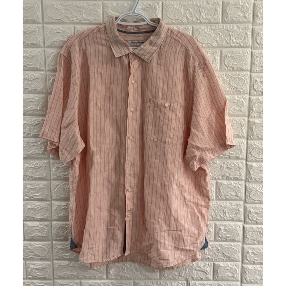 TOMMY BAHAMA MENS SHIRT SIZE XXL PINK SHORT SLEEVE‎ STRIPED BUTTON FRONT LINO